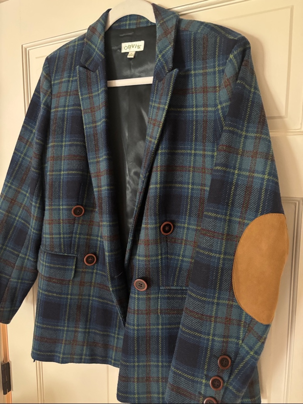 Orvis Blue & Green Plaid Lightweight Jacket with Tan Elbow Patches